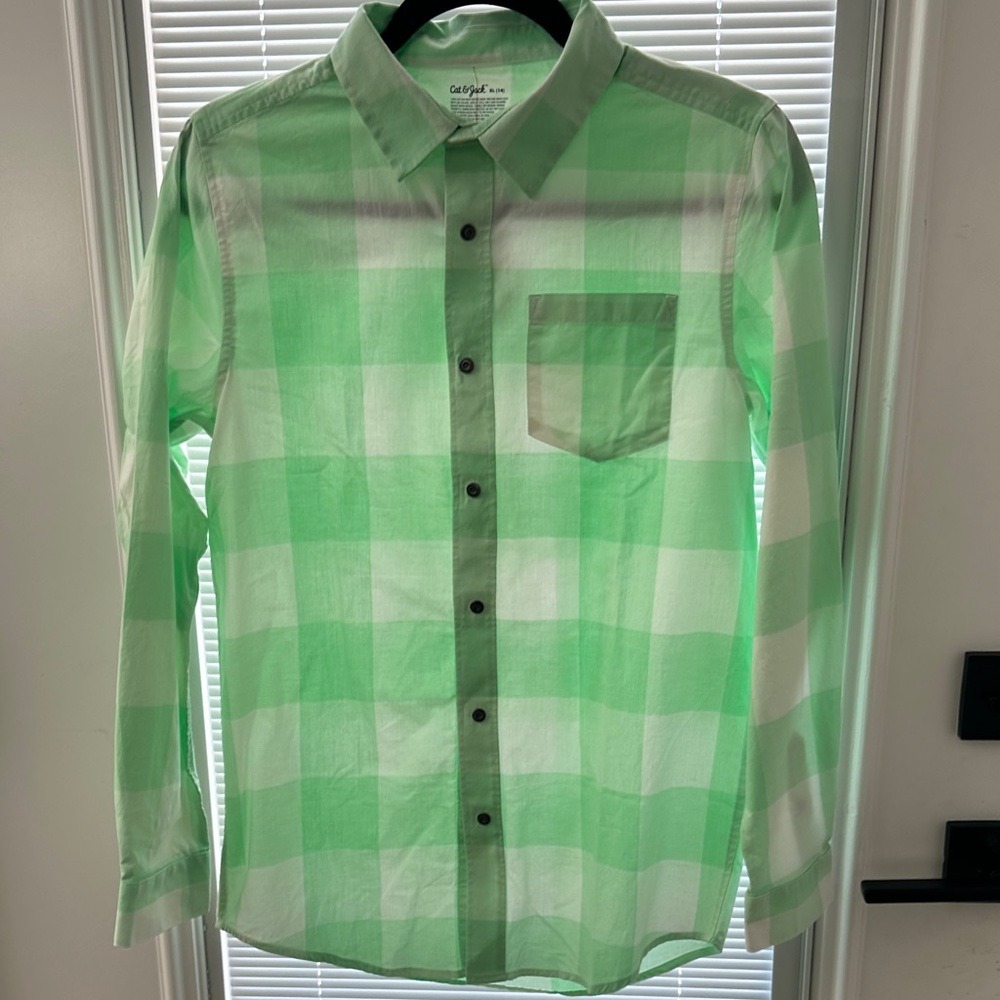 Cat Jack Kids Boys Long‎ Sleeve Gingham Button Down Shirt Green XL 14